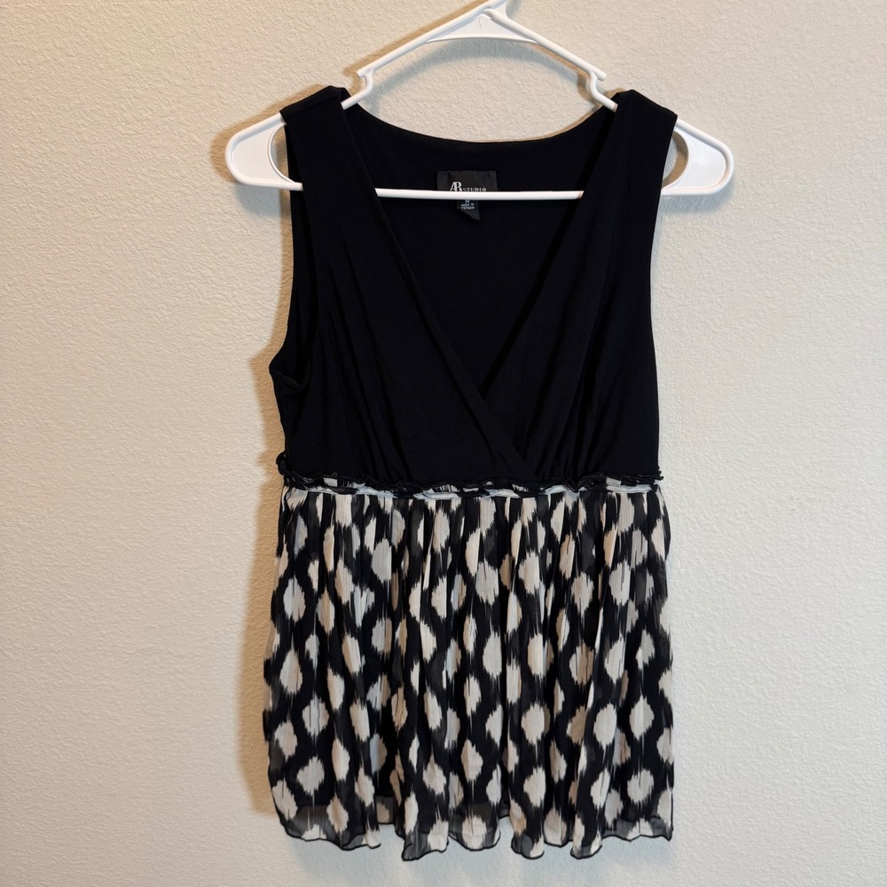 AB Studio Black Sleeveless Top‎ Blouse Surplice Pleated Detail Women's